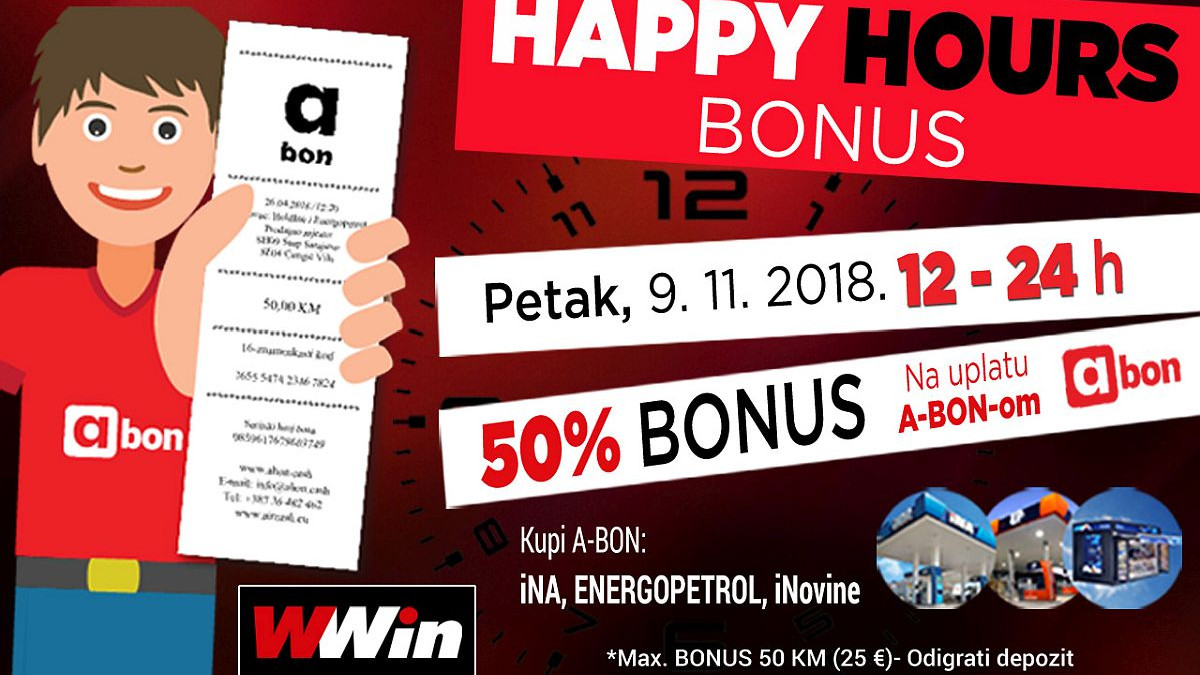 Wwin vas danas nagrađuje Happy hours bonusom 