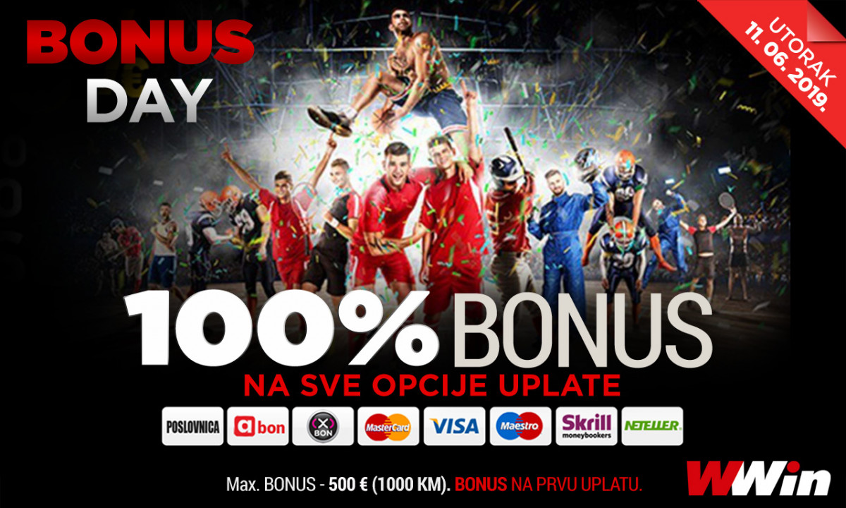 Bonus day u poslovnicama WWin - 100% bonusa na sve opcije uplate danas Bonus day u poslovnicama WWin - 100% bonusa na sve opcije uplate danas