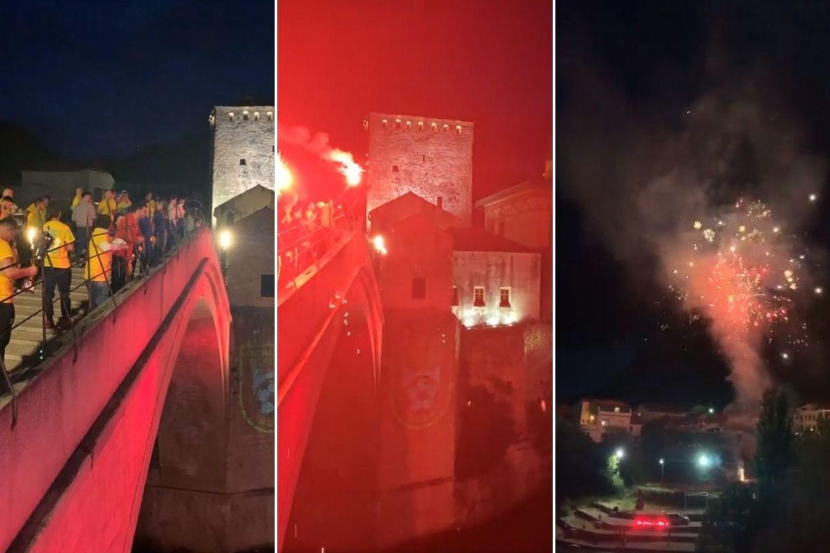 Dupla kruna stigla u Mostar, bakljada i vatromet na Starom mostu 