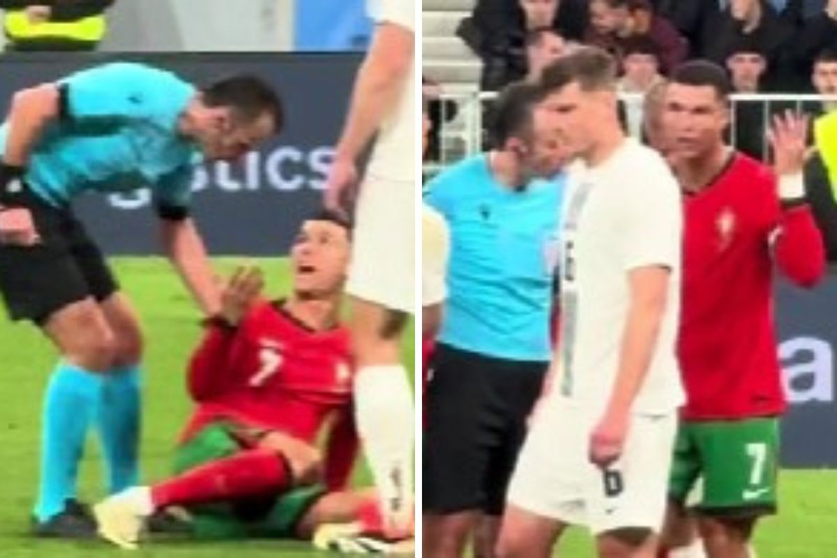 Ronaldo odmahuje rukama i svađa se sa Peljtom, a sa tribina se jasno čuje "Ma ajde, ne s**i"