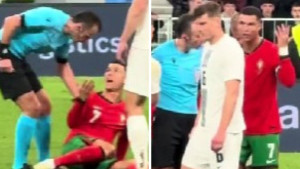 Ronaldo odmahuje rukama i svađa se sa Peljtom, a sa tribina se jasno čuje "Ma ajde, ne s**i"