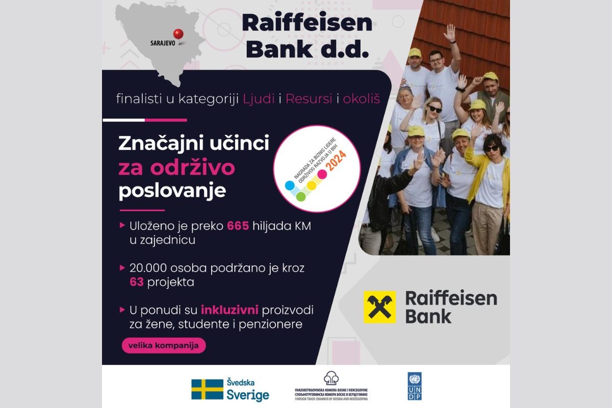 Raiffeisen je u top 5 biznis lidera održivog razvoja u BiH Raiffeisen je u top 5 biznis lidera održivog razvoja u BiH