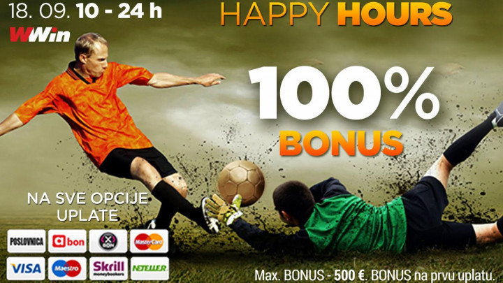 Happy Hours WWin - 100% bonusa na sve opcije uplate danas od 10 do 24h