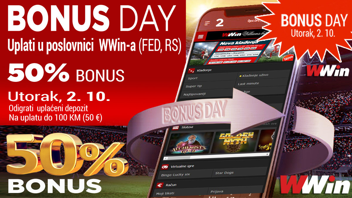 Danas Bonus day u poslovnicama WWin - 50% bonusa na sve uplate
