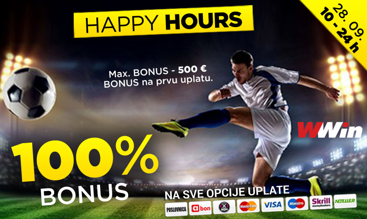 Happy Hours WWin - 100% bonusa na sve opcije uplate danas od 10 do 24h