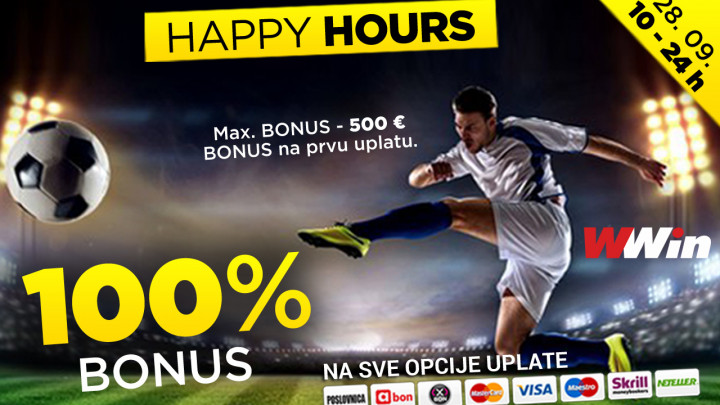 Happy Hours WWin - 100% bonusa na sve opcije uplate danas od 10 do 24h